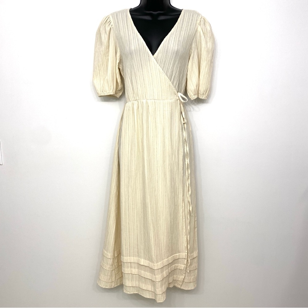 Stradivarius Cream Wrap Midi Dress Puff Sleeve Resort Beach Cover Up S/M